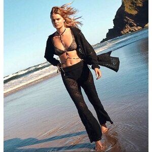 Free People FP Beach Get Away Fauxchet Cardigan Pants Set Crocheted Size S Black